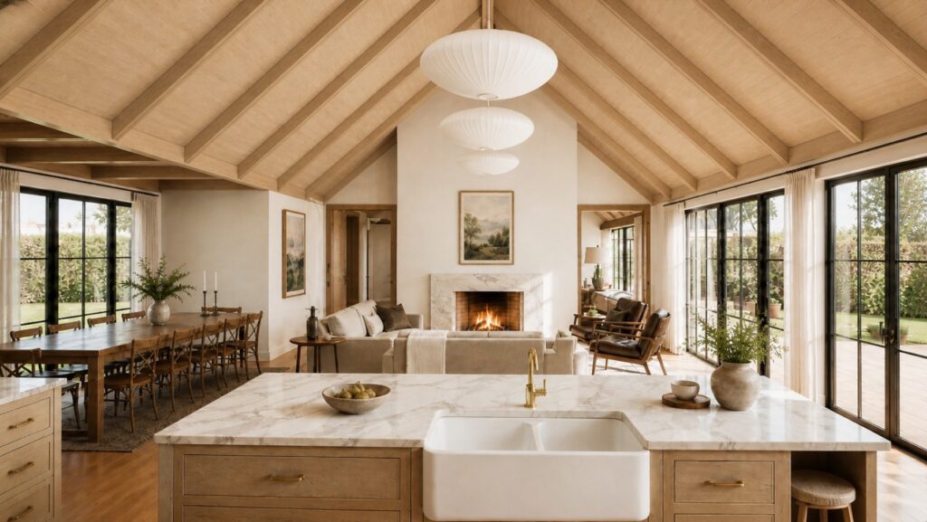 Light-filled open plan living space with vaulted timber ceiling, marble island and fireplace, Marlborough vineyard home